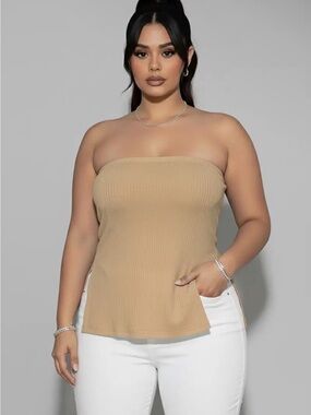 Ribbed Strapless top in Tan